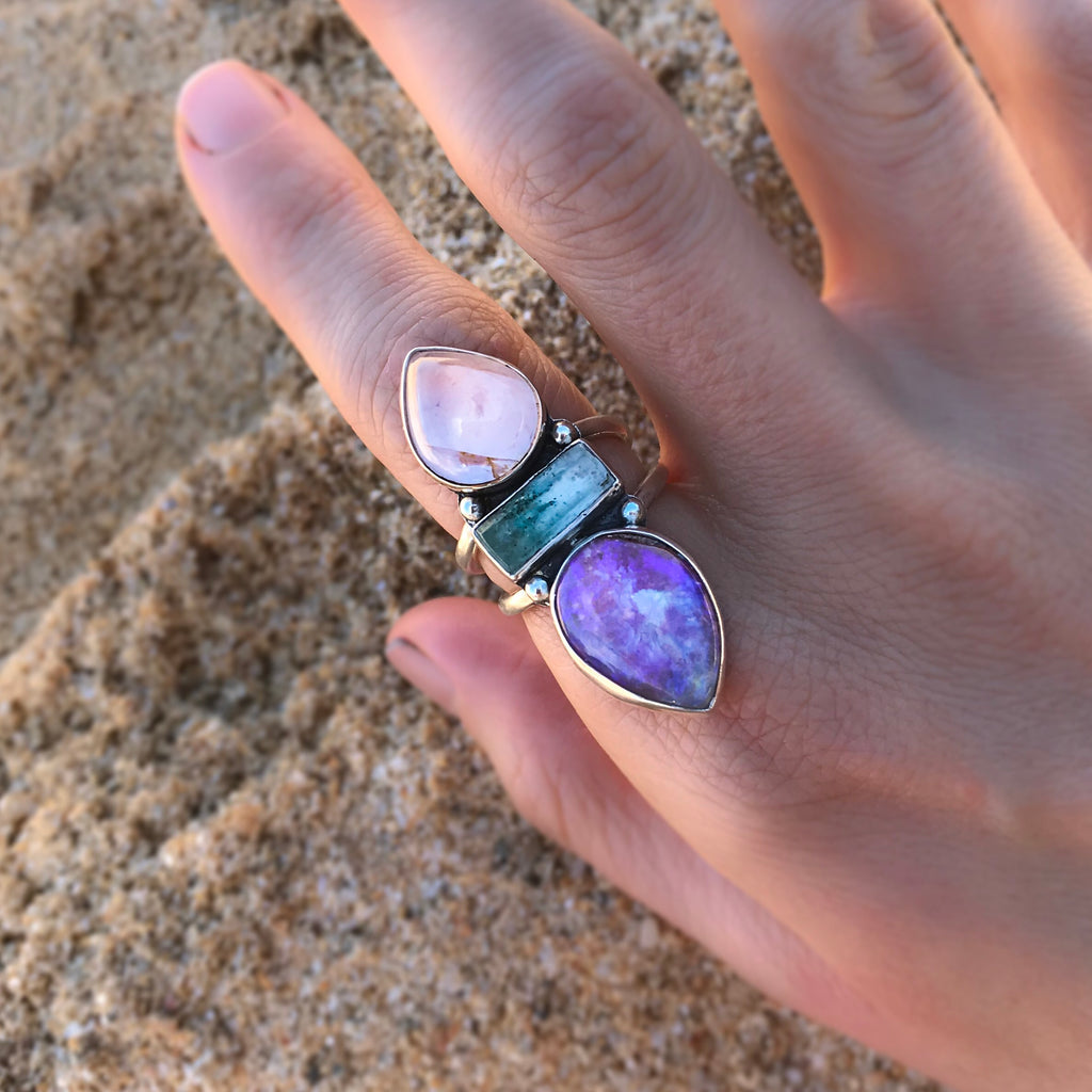 Australian Opal with Morganite, And Raw Emerald Talisman Ring - Angel Alchemy Jewelry