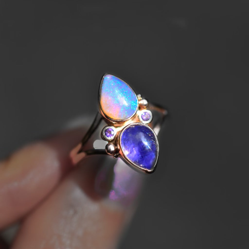 Australian opal and tanzanite ring with amethyst accents in solid 14k gold - Angel Alchemy Jewelry
