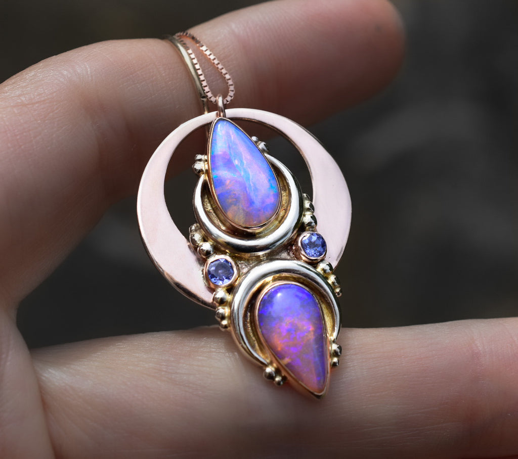 La Luna Talisman pendant in solid 14k rose gold with white gold crescents and dots. - Angel Alchemy Jewelry