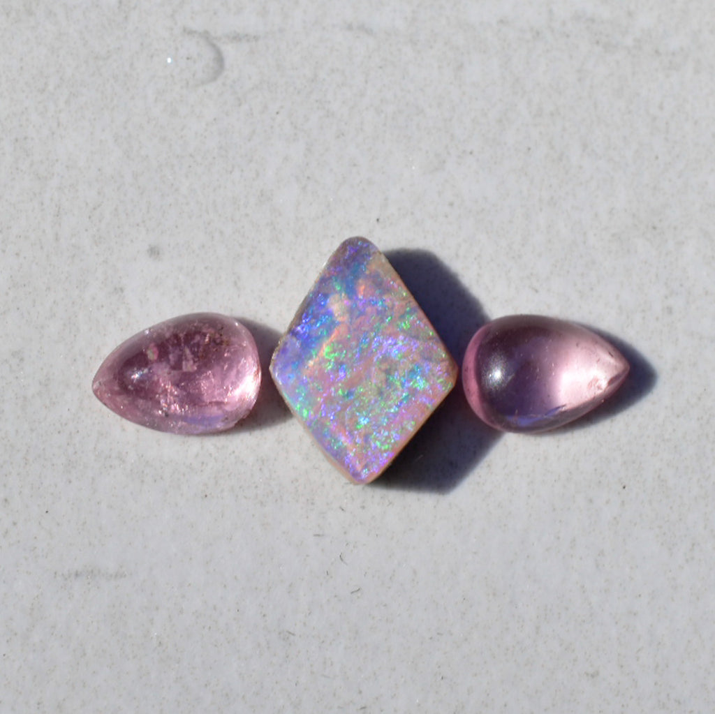 Australian opal with two pink spinel teardrops ring in 14k gold semi custom - Angel Alchemy Jewelry