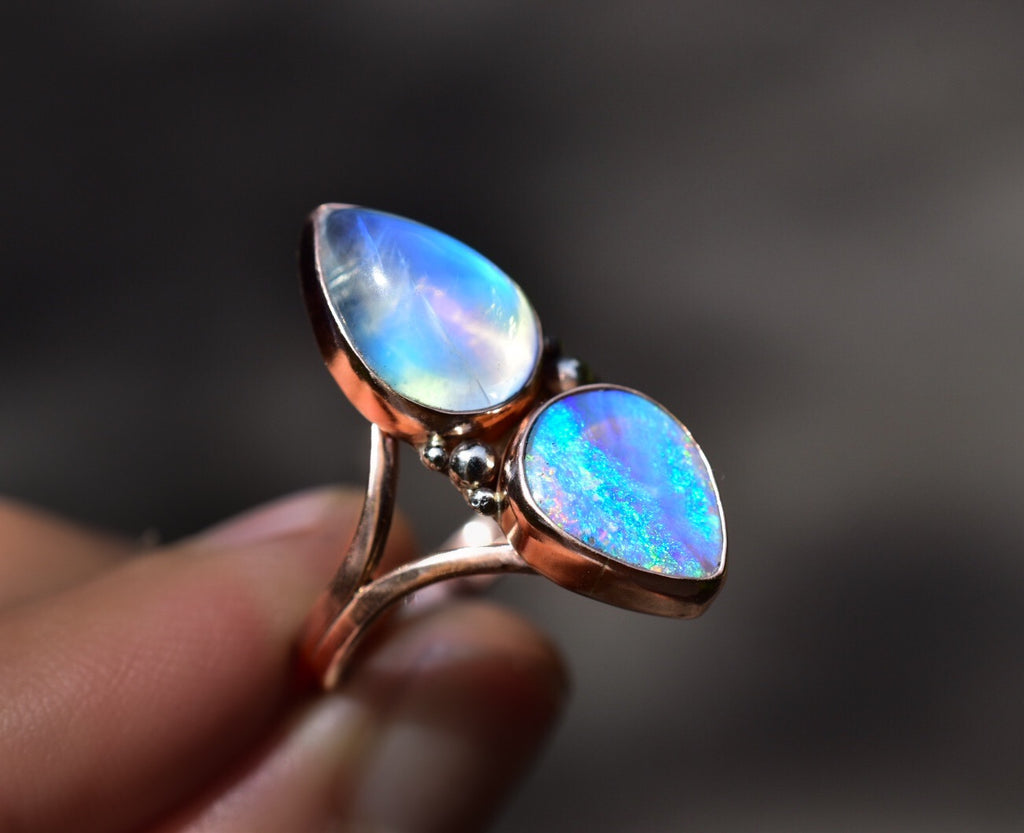 Australian Opal and Moonstone Ring or pendant in Solid Yellow or Rose Gold Semi Custom - Angel Alchemy Jewelry