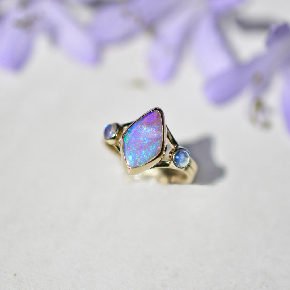 Australian opal and high grade moonstone ring in solid 14k yellow gold semi custom reserved - Angel Alchemy Jewelry