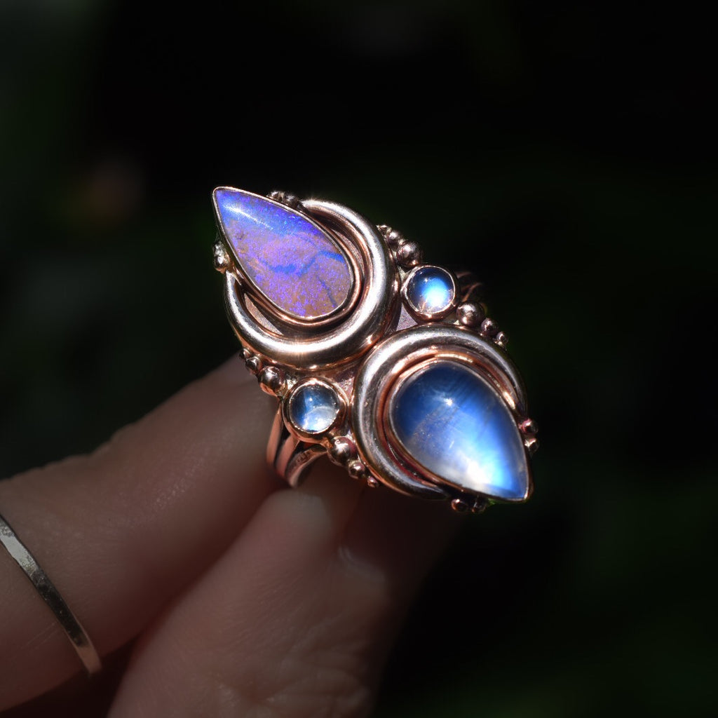 Australian opal and moonstone La Luna ring in solid 14k rose gold with rose gold dots semi custom - Angel Alchemy Jewelry