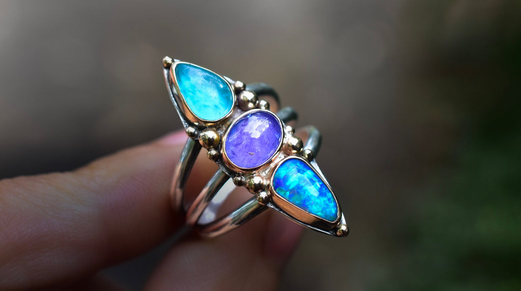 Australian Opal Ring with Tanzanite and Apatite  with Gold Accents - Angel Alchemy Jewelry