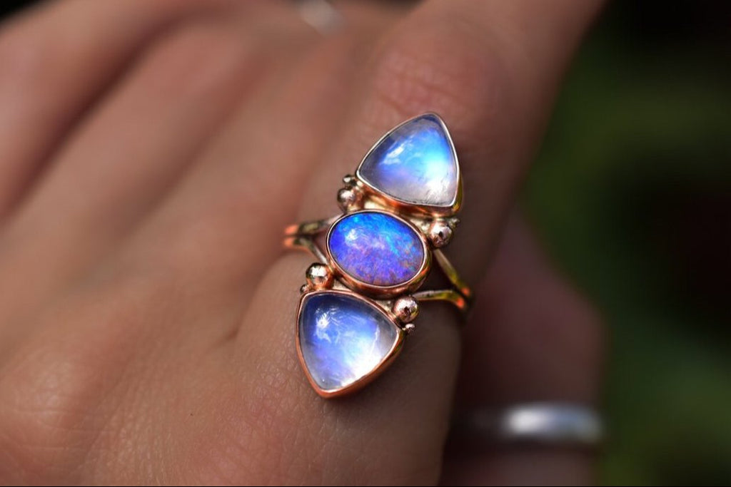 Australian Opal Talisman Ring with high grade Moonstone in solid Gold semi custom - Angel Alchemy Jewelry