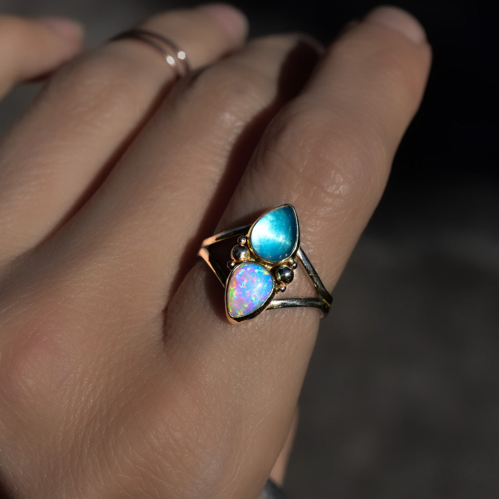 Peruvian Opal and Australian Opal Ring or Pendant In Solid Yellow Gold Semi Custom - Angel Alchemy Jewelry