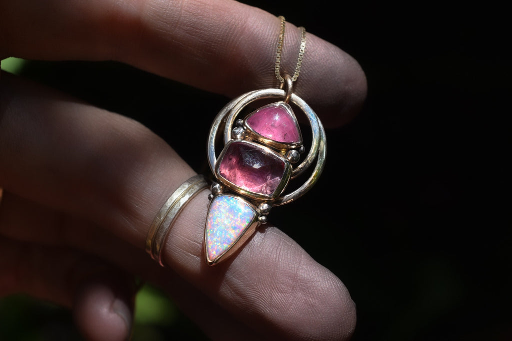 Australian opal and pink tourmaline pendent in solid gold with gold dots semi custom reserved - Angel Alchemy Jewelry