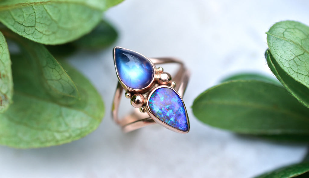 Australian opal and high grade moonstone ring in solid 14k rose gold with gold dots semi custom reserved - Angel Alchemy Jewelry