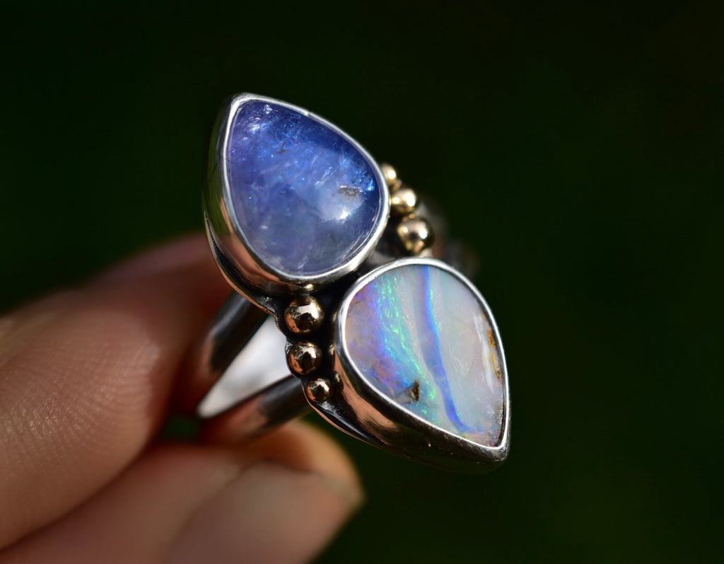 Australian Rainbow Opal Ring with Tanzanite and 14k Gold Details - Angel Alchemy Jewelry