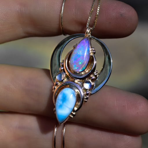 La Luna Talisman Pendant in solid 14k rose gold and yellow gold moon halo - Angel Alchemy Jewelry