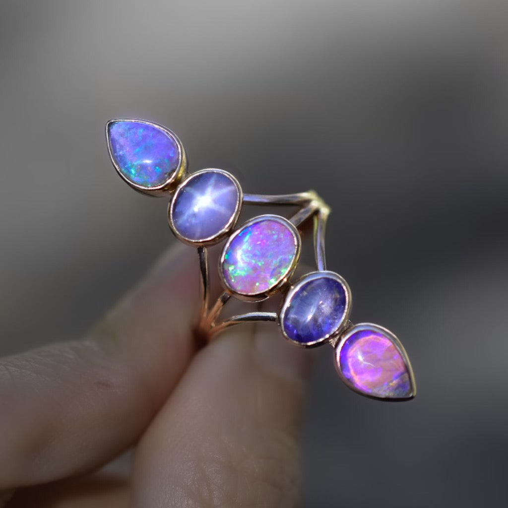 Australian opals, tanzanite and star lavender sapphire “floating” unicorn ring in solid 14k rose gold - Angel Alchemy Jewelry