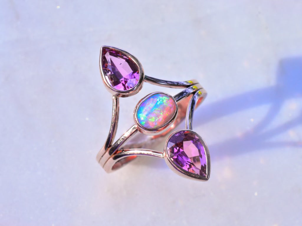 Australian opal and faceted tourmalines “floating “ style ring in solid 14k rose gold - Angel Alchemy Jewelry