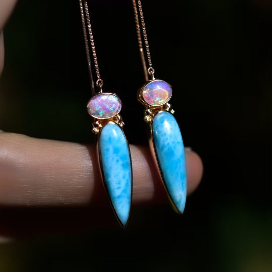 Larimar and Australian opal threader earrings in solid 14k rose gold - Angel Alchemy Jewelry