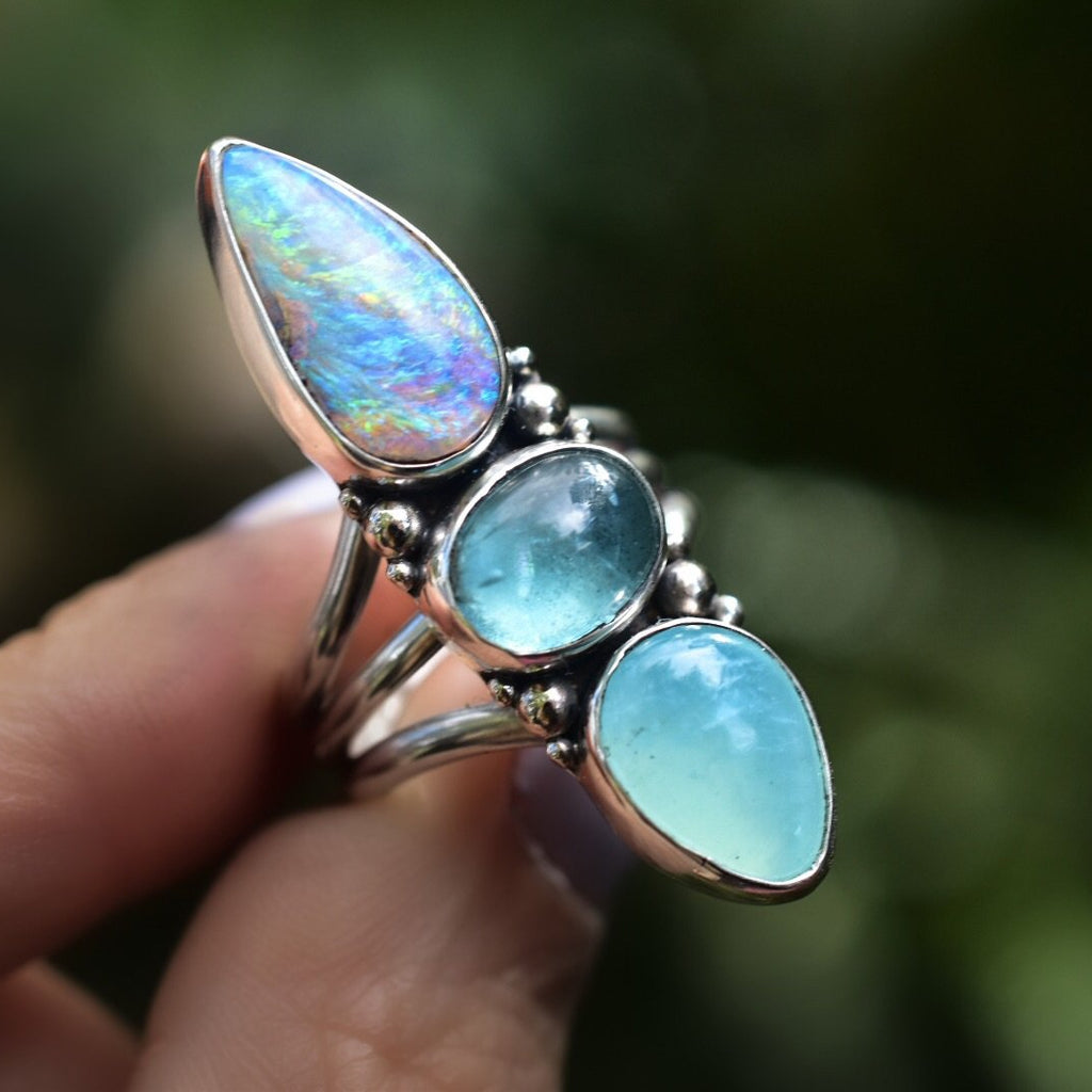 Australian Opal Ring with Apatite and Peruvian Opal - Angel Alchemy Jewelry