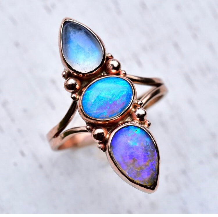 Australian Opal Ring With Moonstone in Rose Gold reserved - Angel Alchemy Jewelry