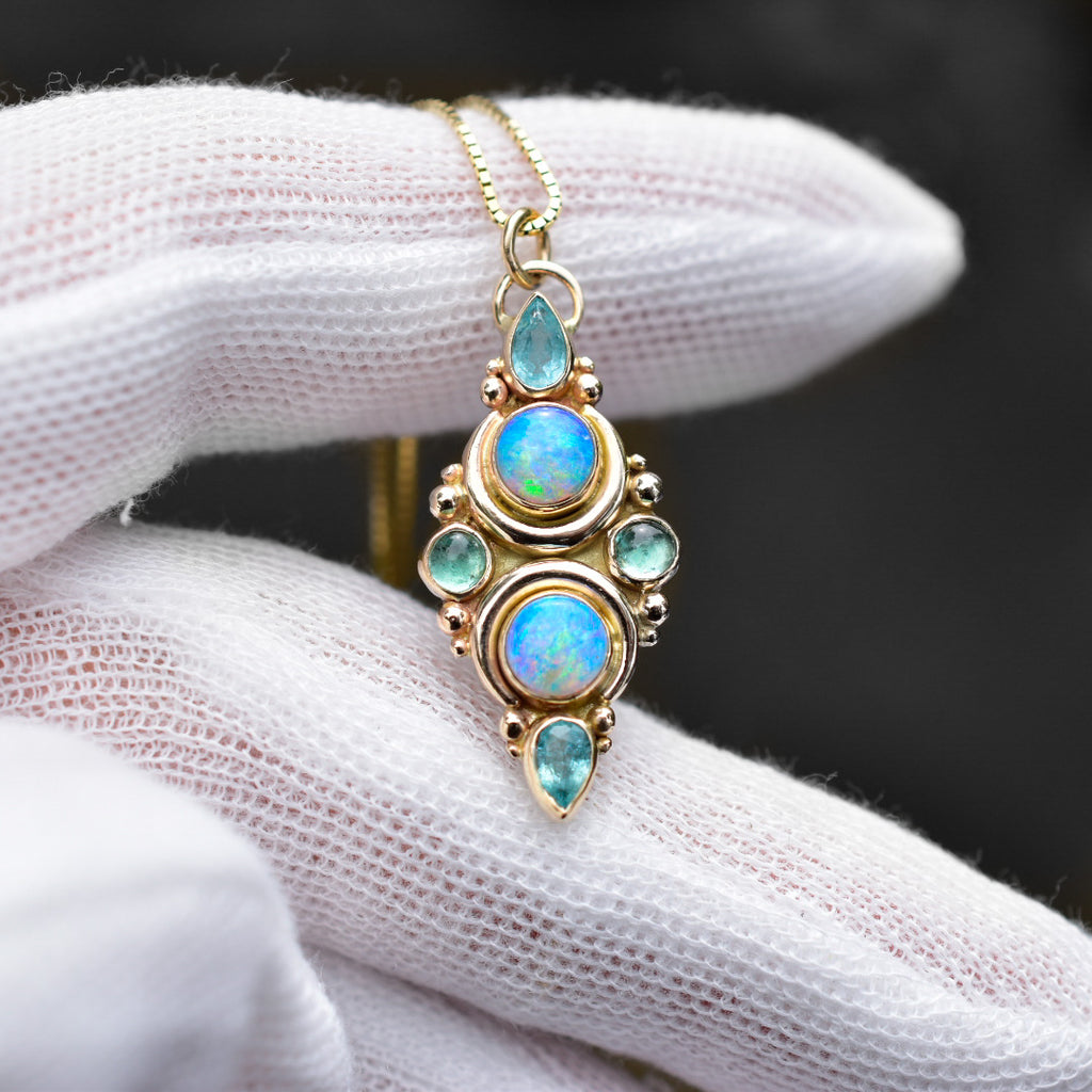 Paraiba tourmalines, Australian opals and emerald Mini La Luna Grande pendent in solid 14k yellow gold. Semi custom reserved - Angel Alchemy Jewelry