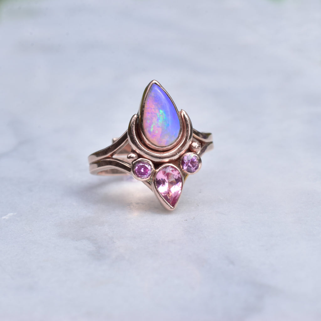 Australian opal and spinel with pink sapphire mini Moonflower ring in solid 14k rose gold - Angel Alchemy Jewelry
