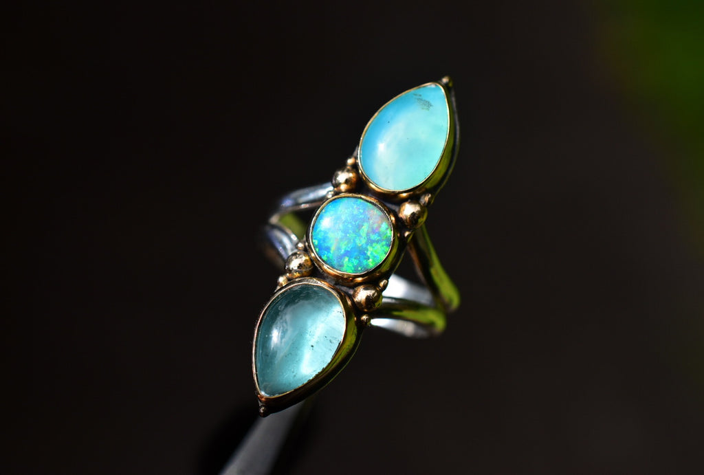 Australian opal and Peruvian Opal ring in solid Yellow or Rose Gold Semi Custom - Angel Alchemy Jewelry