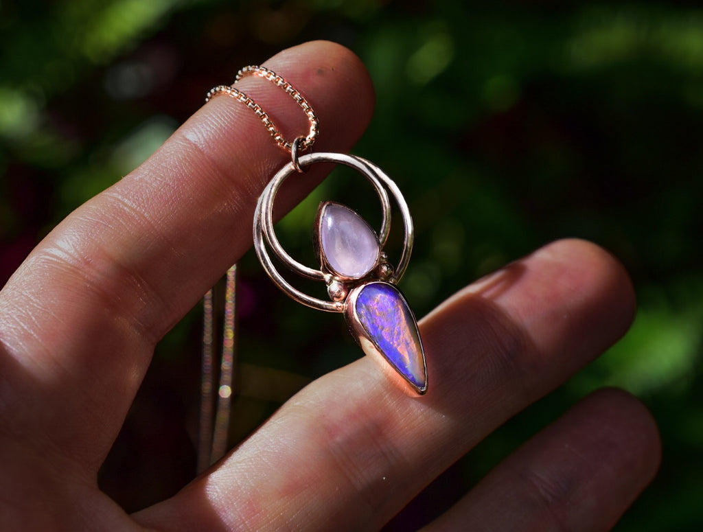 Purple Australian Opal with Kunzite Angel Pendant or Ring in Solid rose or Yellow Gold Semi Custom - Angel Alchemy Jewelry