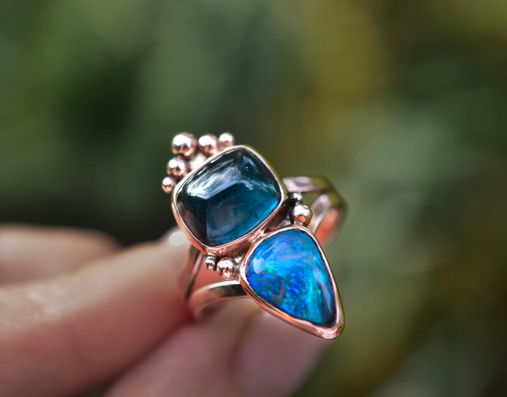 lightning Ridge Opal Ring with Indicolite Tourmaline In Rose Gold - Angel Alchemy Jewelry