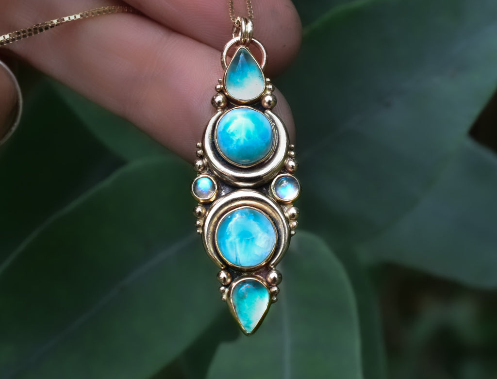 Larimar and Peruvian Blue Opal La Luna with Moonstone Necklace in Yellow Gold reserved - Angel Alchemy Jewelry
