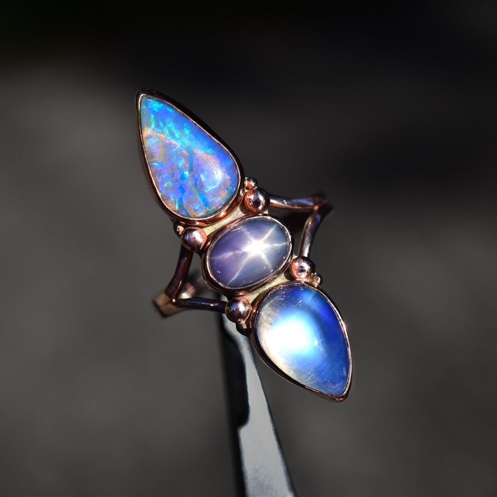 Lavender star sapphire with Australian opal and high grade moonstone talisman ring in solid 14k gold with gold dots semi custom reserved - Angel Alchemy Jewelry