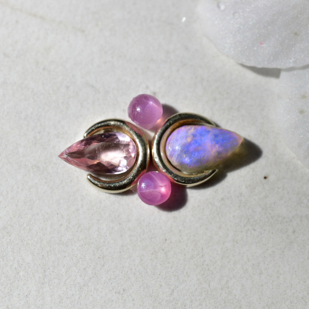 Star rubies , Australian opal and morganite mini La Luna ring or pendent in solid 14k gold with gold crescents and gold dots semi customs - Angel Alchemy Jewelry