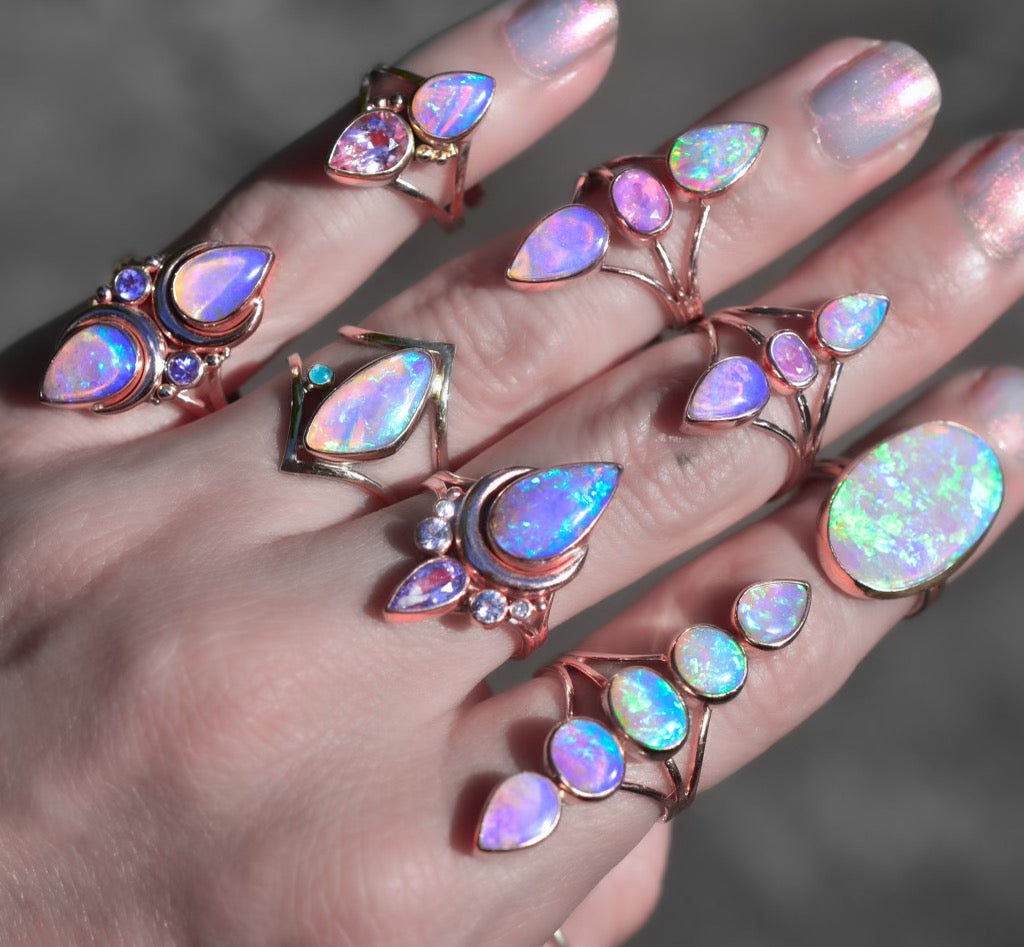 Sapphire and Australian opal large “Floating” style ring in solid 14k rose gold - Angel Alchemy Jewelry
