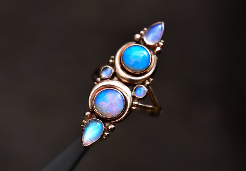 Australian Opal and Star Ruby La Luna Ring with Moonstone in Solid Gold Semi Custom reserved - Angel Alchemy Jewelry
