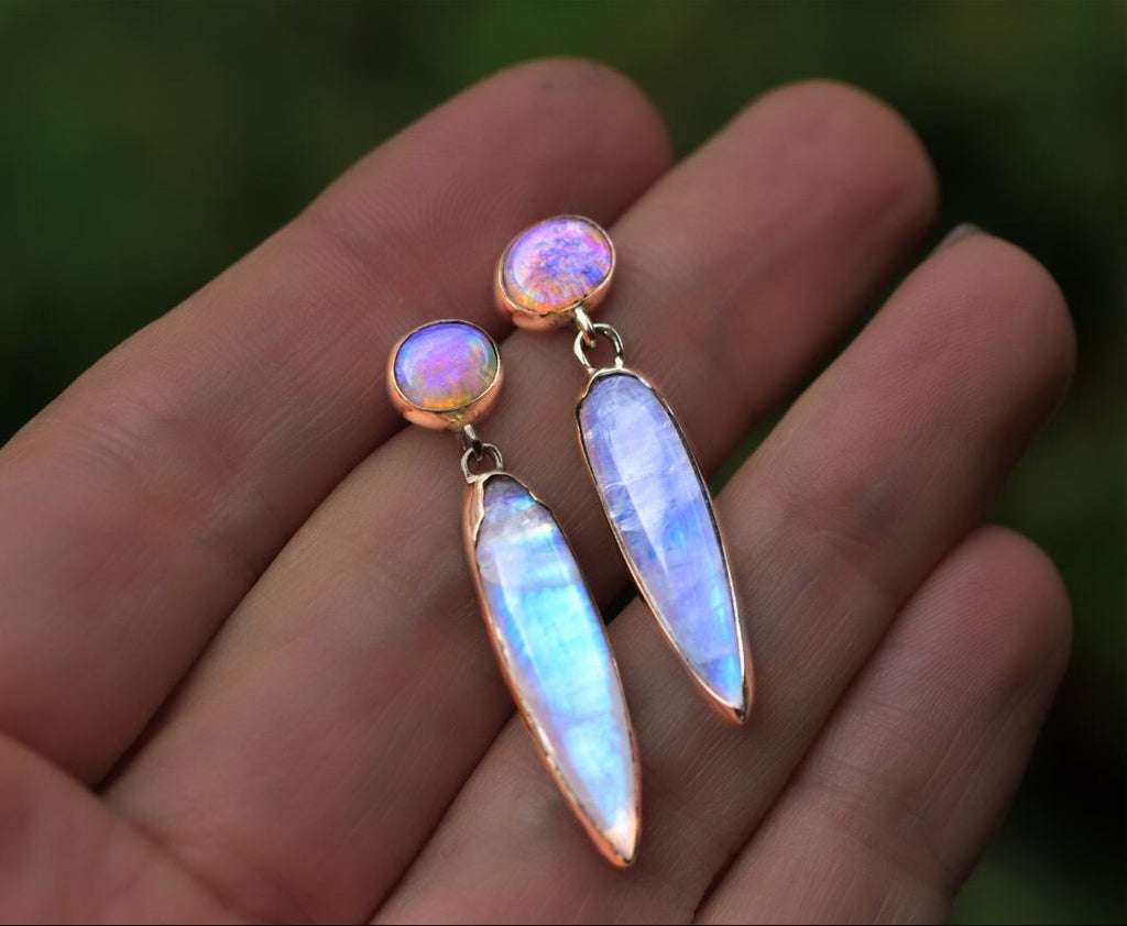 Moonstone And Australian Opal Threader Style Earings in Solid Yellow in Rose gold Semi Custom reserved - Angel Alchemy Jewelry