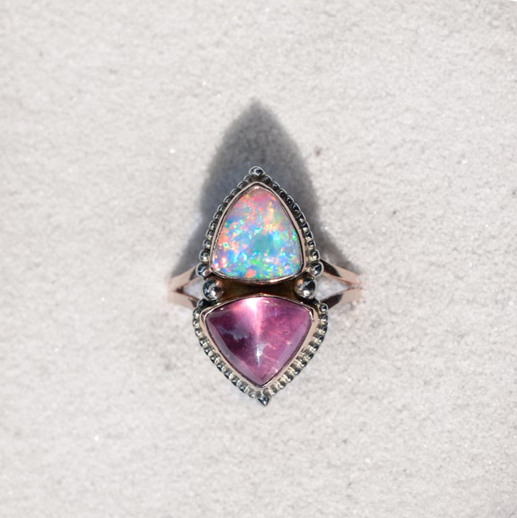 Australian opal and pink tourmaline “Above as Below” ring in solid 14k rose gold with white gold dots. - Angel Alchemy Jewelry