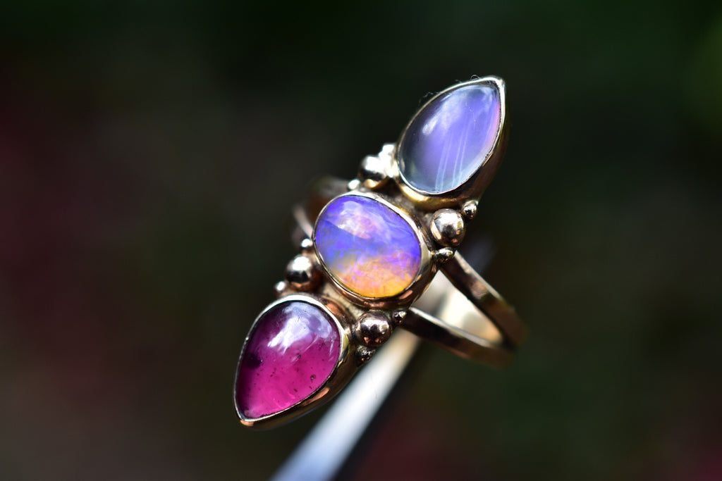 Australian Opal Ring with Super Moonstone and Garnet in Solid Gold - Angel Alchemy Jewelry