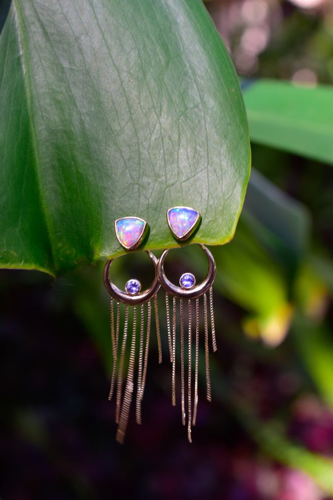 Australian opal and tanzanite “Dipped in Moonlight” earrings in solid 14k yellow gold - Angel Alchemy Jewelry