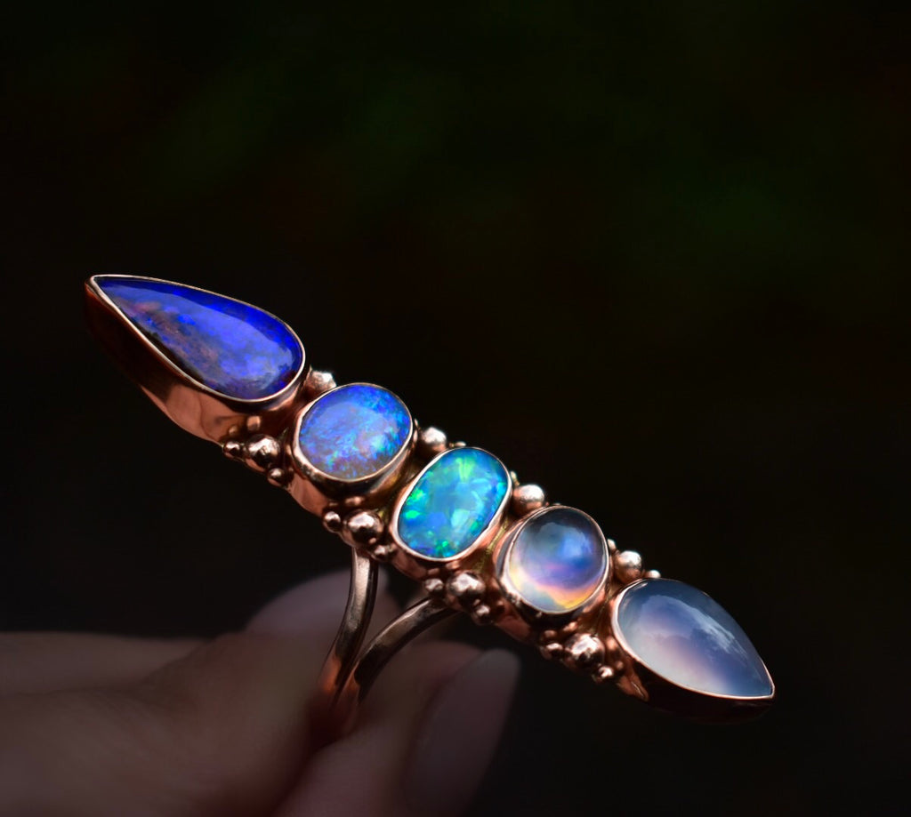 Australian Opal Talisman Ring with Rainbow Moonstone and Purple Chalcedony in solid gold - Semi custom - Angel Alchemy Jewelry