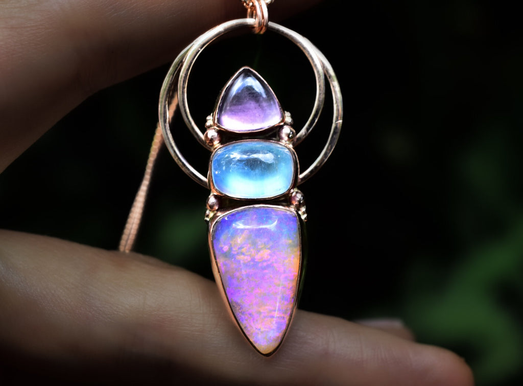 Australian opal pendent with high grade moonstone and amethyst In solid 14k rose gold with rose gold dots semi custom reserved - Angel Alchemy Jewelry