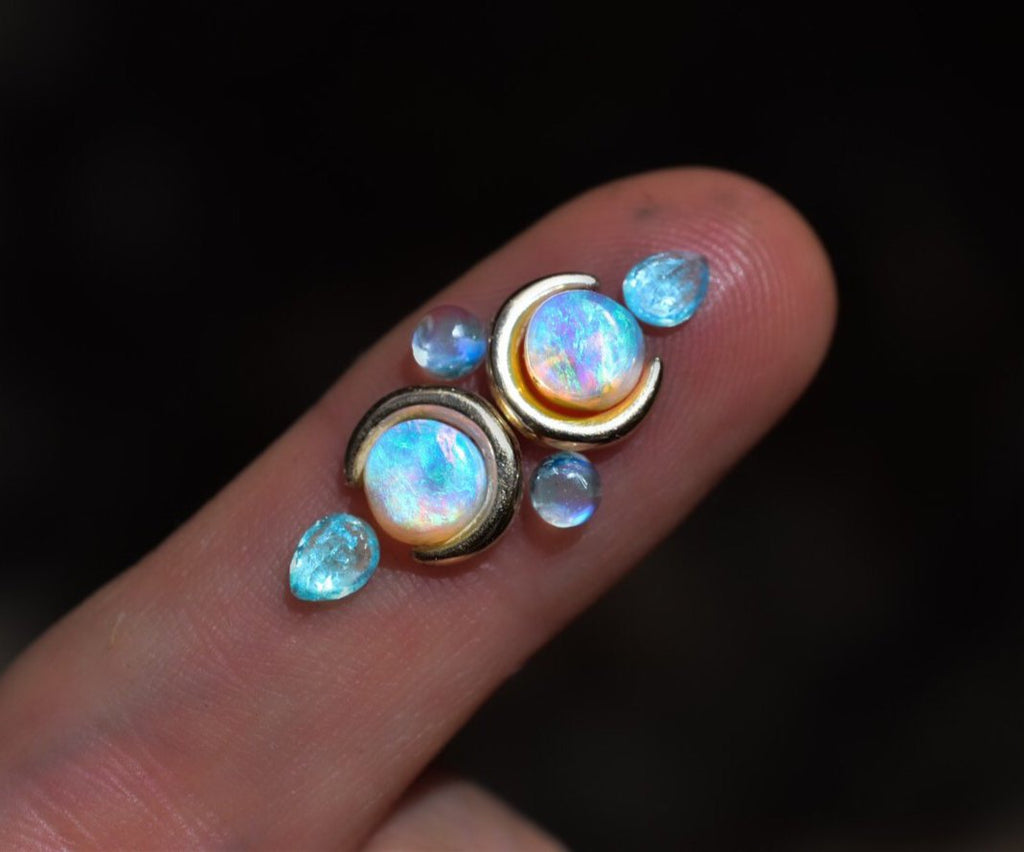 Paraiba Brazilian tourmalines, Australian opals and moonstones Mini La Luna ring in solid 14k gold with gold crescents and gold dots semi custom reserved - Angel Alchemy Jewelry