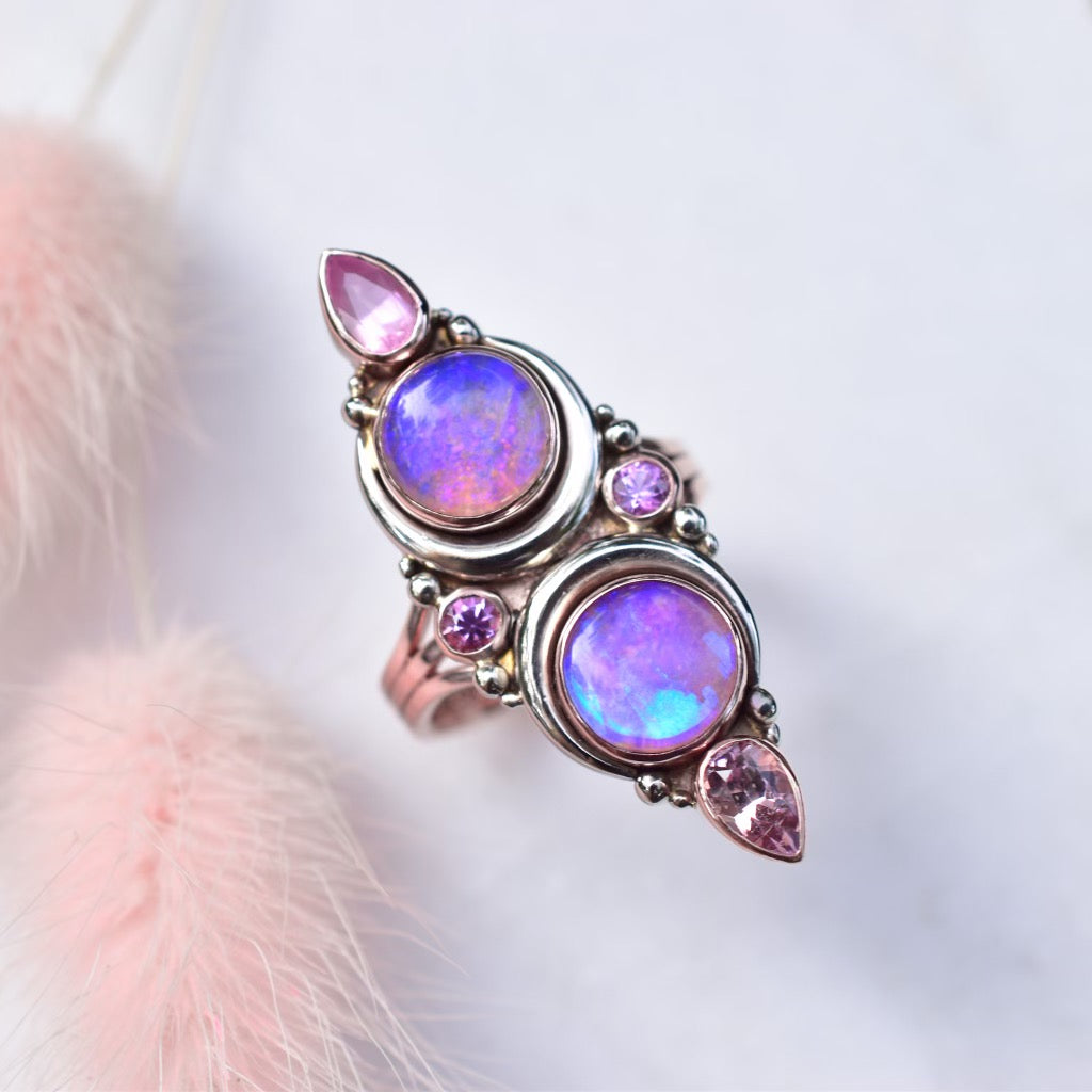 Australian opal, tourmaline , spinel , sapphire La Luna Grande talisman ring in solid 14k rose  gold with white gold moons and dots - Angel Alchemy Jewelry