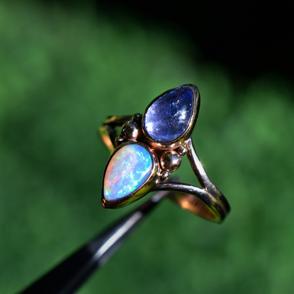 Australian opal and tanzanite ring in solid 14k rose gold with gold dots semi custom reserved - Angel Alchemy Jewelry