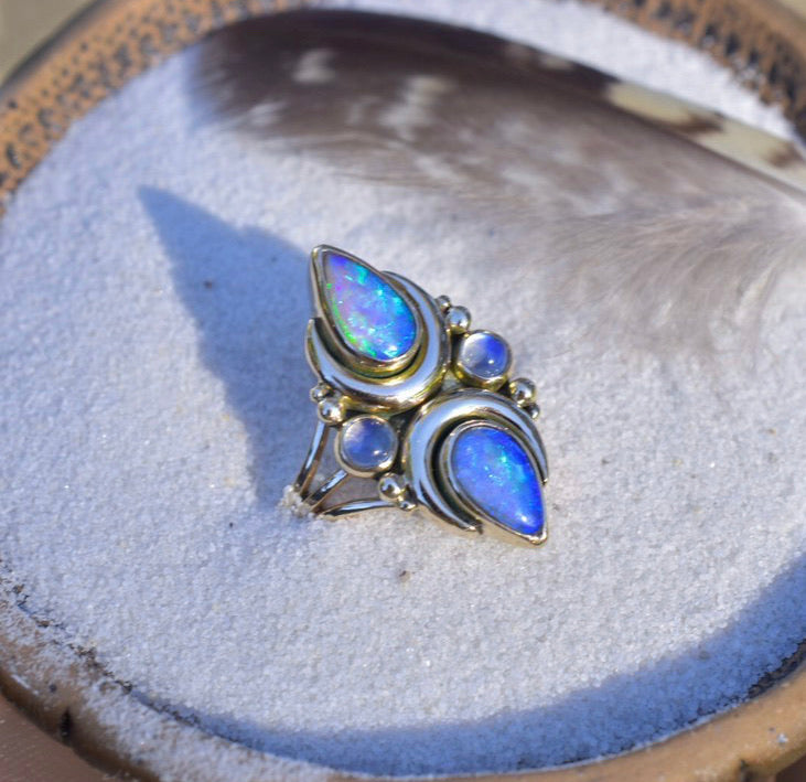 Australian opals and moonstones mini La Luna ring semi custom reserved - Angel Alchemy Jewelry