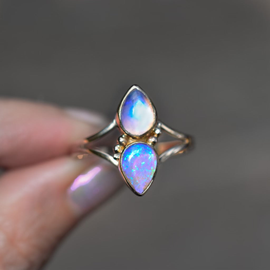 Australian opal and moonstone ring in solid 14k yellow gold - Angel Alchemy Jewelry