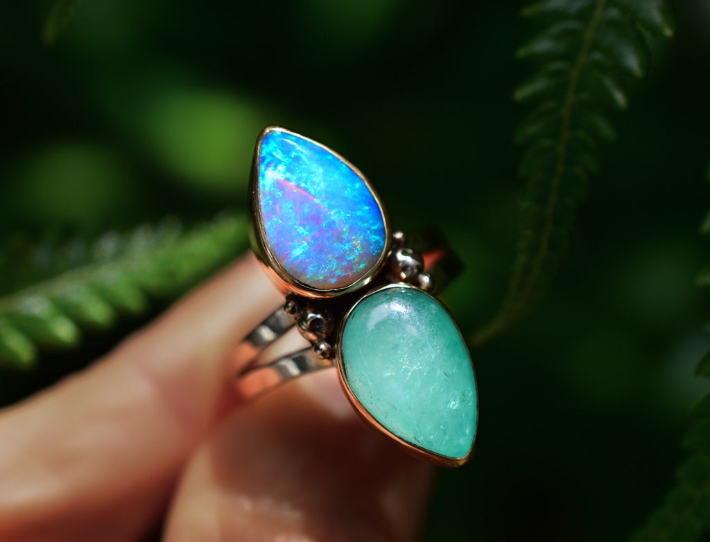 Australian Opal and Emerald ring in solid gold reserved - Angel Alchemy Jewelry