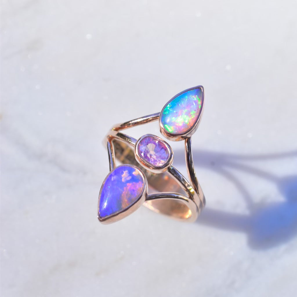 Australian opals and a faceted sapphire “floating “ style ring in solid 14k rose gold - Angel Alchemy Jewelry