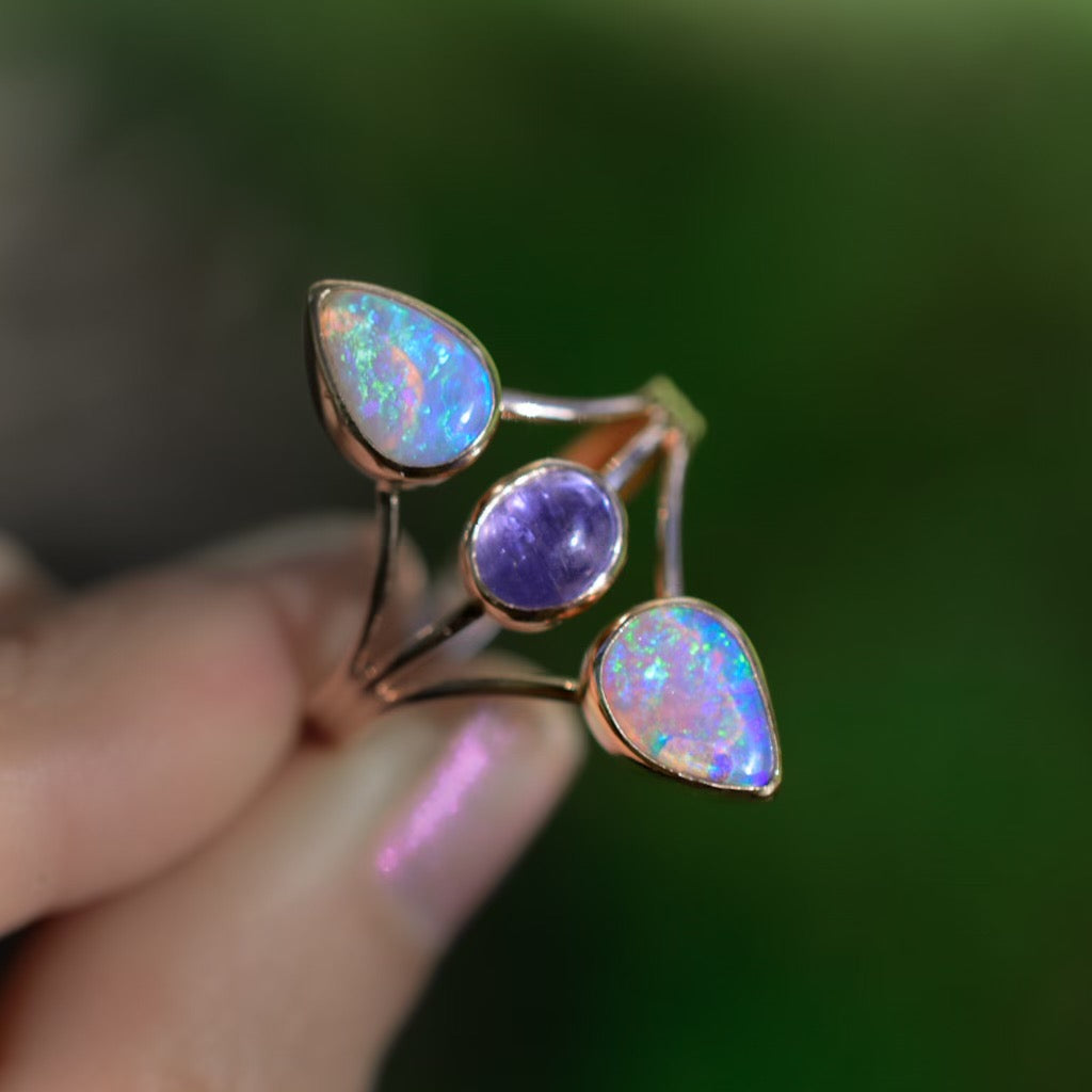 “Australian opals and tanzanite  “Floating” style three stone ring in solid 14k rose gold - Angel Alchemy Jewelry