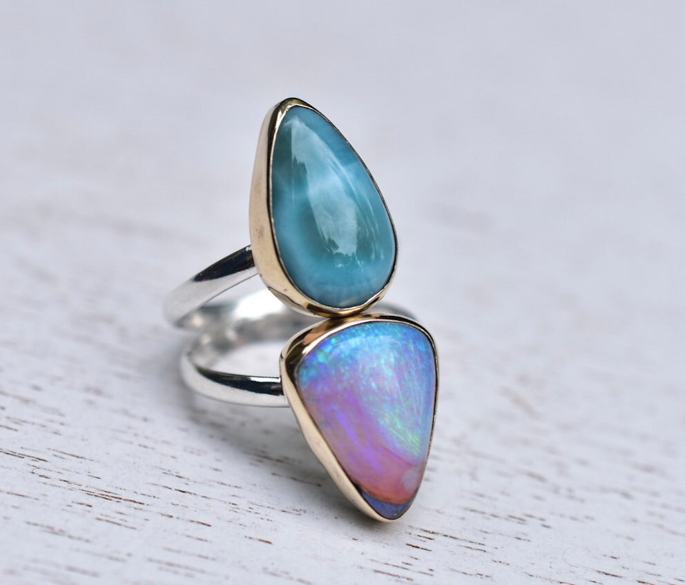 Australian Opal Ring with Larimar and Gold Bezels - Angel Alchemy Jewelry