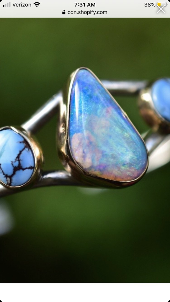 Australian opal , turquoise and aquamarine cuff with 14k gold bezel in silver semi custom reserved - Angel Alchemy Jewelry
