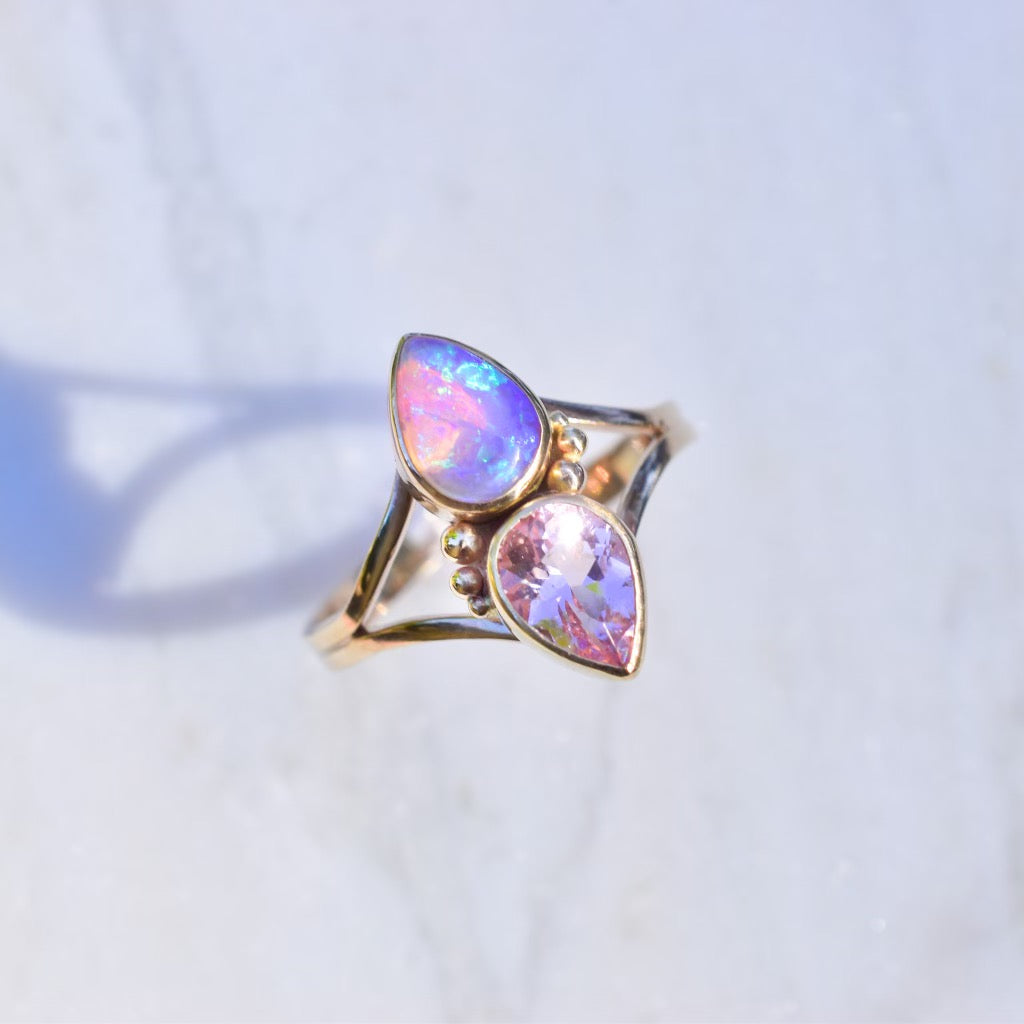 Australian opal and a faceted pink tourmaline ring in solid 14k yellow gold - Angel Alchemy Jewelry