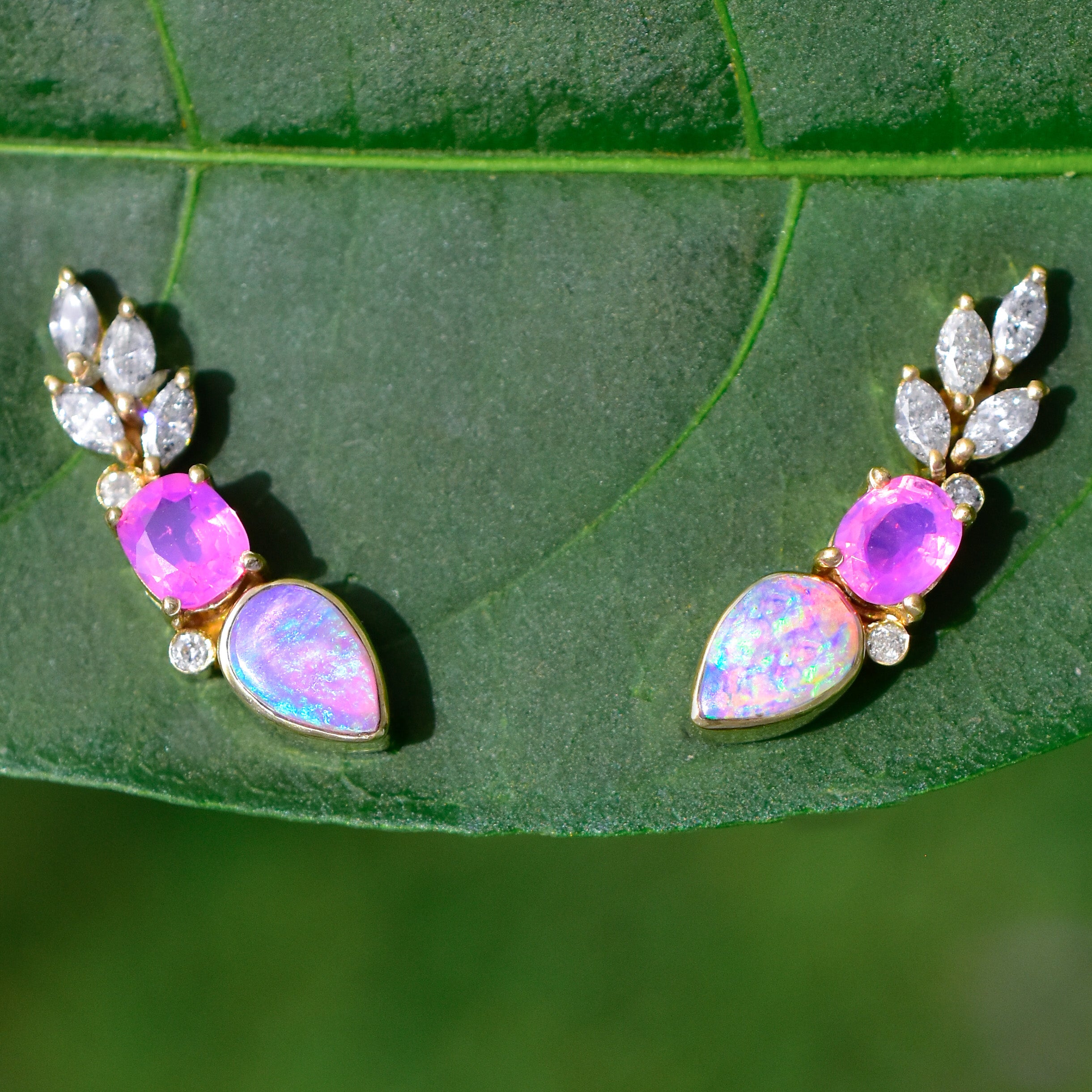 Australian Opal and Pink Sapphire gold ear crawlers,  ear climbers, ear vines, leaf earrings - solid 14k gold  - Athena Earrings