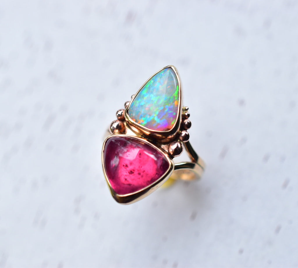 Australian Opal and Pink Tourmaline Mini Talisman Ring or Pendant in Solid Yellow or Rose Gold Semi Custom reserved - Angel Alchemy Jewelry