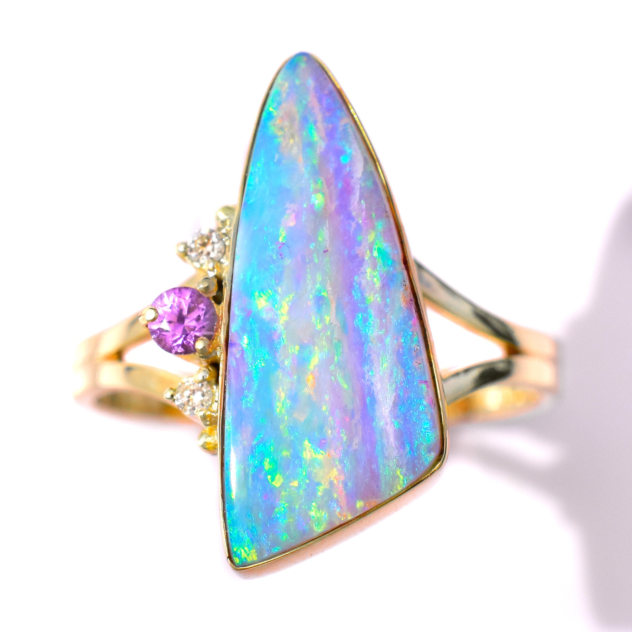 Asymmetrical Australian Opal Statement Ring with Lilac and Sapphire and Diamonds in 14k Yellow Gold .  The Zebra-Corn Opal