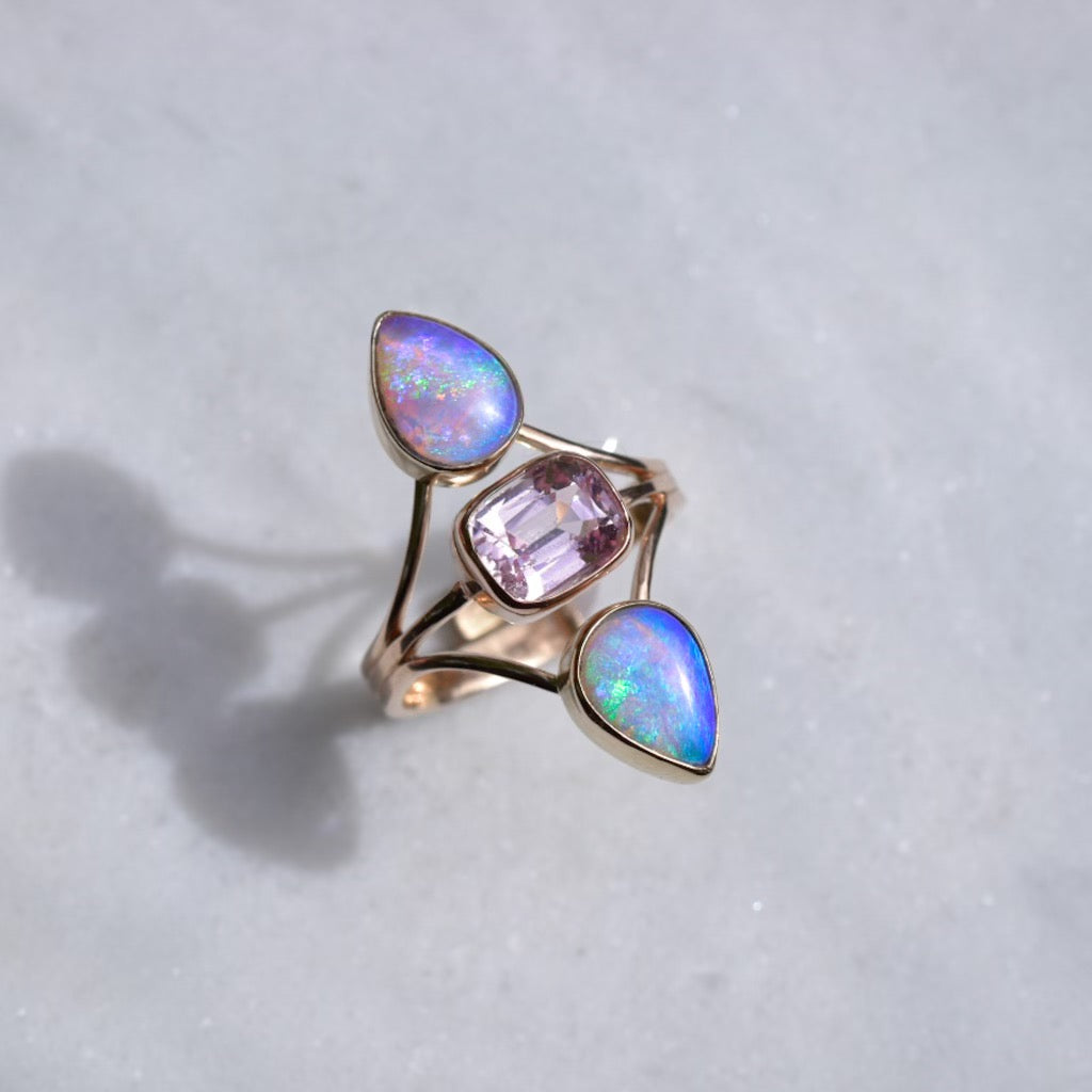 Australian opals and pink tourmaline 3 stone floating ring in solid 14k rose gold - Angel Alchemy Jewelry
